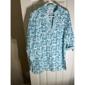 Foxcroft Abstract VNeck Pull Over Blouse Teal Wrinkle Free  Office  Casual Sz12